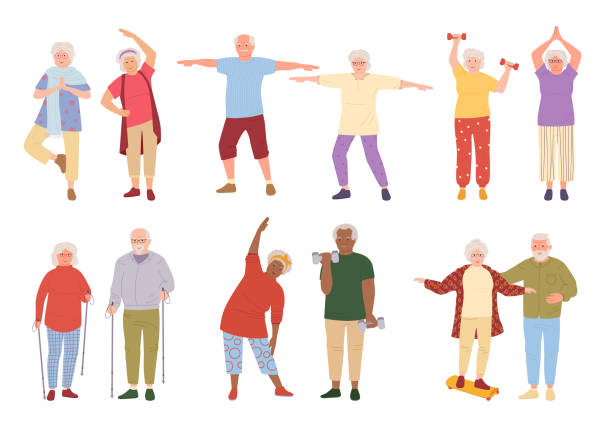 Healthy active lifestyle older people cartoon set. Sport retiree grandparent, incline to side. Elderly people doing morning exercises, gymnastics. Old men and women walking. Vector illustration